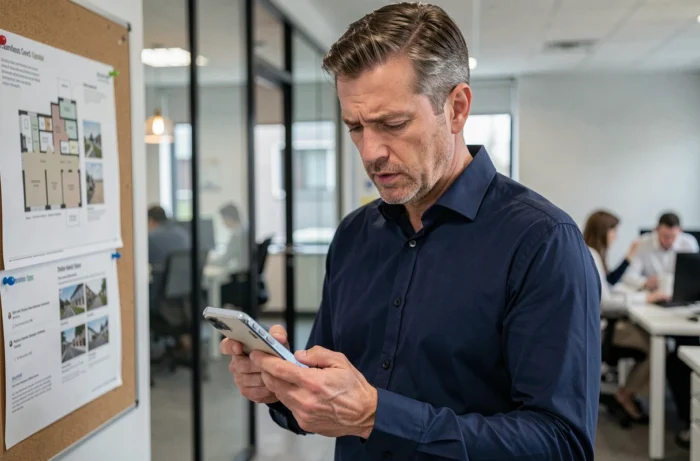 Agent immobilier consultant des avis utilisateurs sur smartphone pour évaluer la crédibilité d'un service de dossier locatif numérique