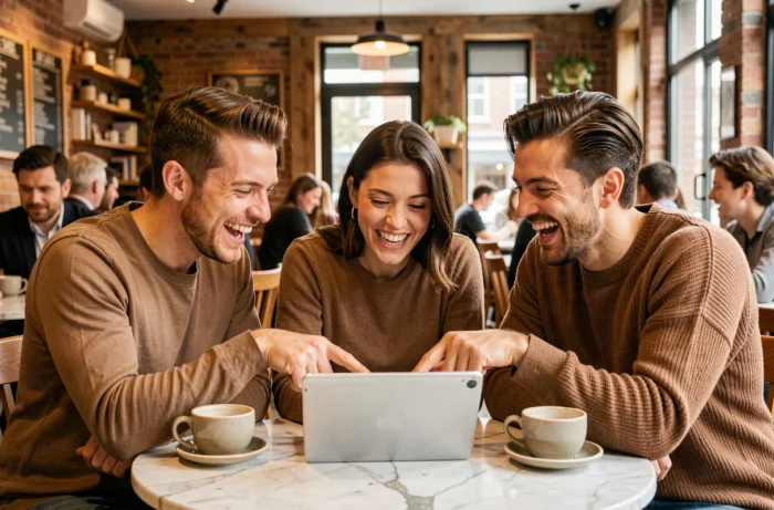 Groupe d'amis réunis autour d'une tablette dans un café discutant de la signification d'un mot viral sur internet