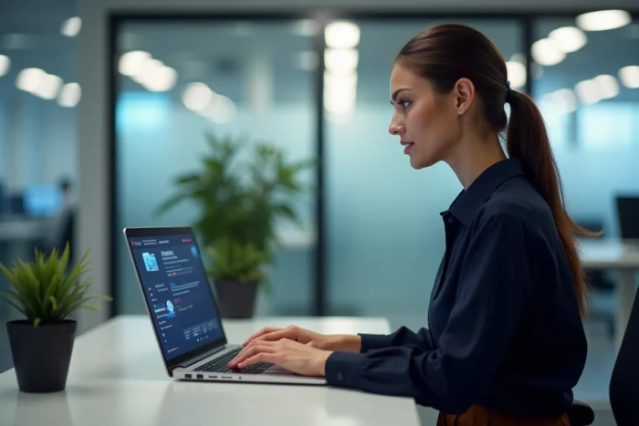 Femme professionnelle analysant un fichier téléchargé avec un logiciel antivirus sur ordinateur portable au bureau