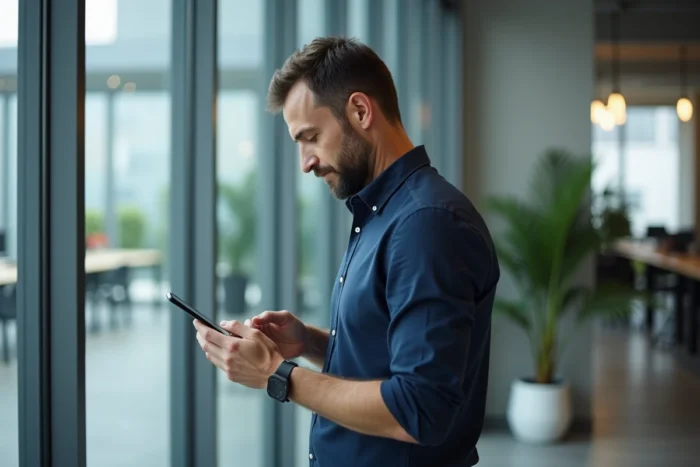Homme utilisant Arena Versailles sur mobile dans un bureau moderne