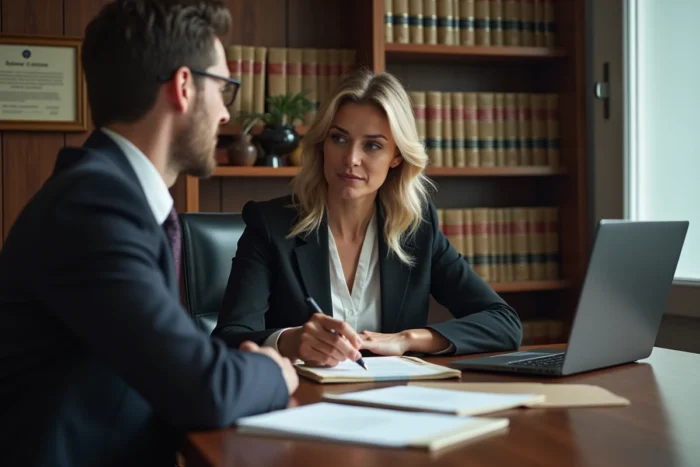 Avocate expliquant les implications juridiques du mariage avec une OQTF à un couple en cabinet juridique