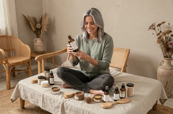 Femme mature aux cheveux argentés explorant des produits de beauté naturels et bio dans un espace bien-être cosy à domicile