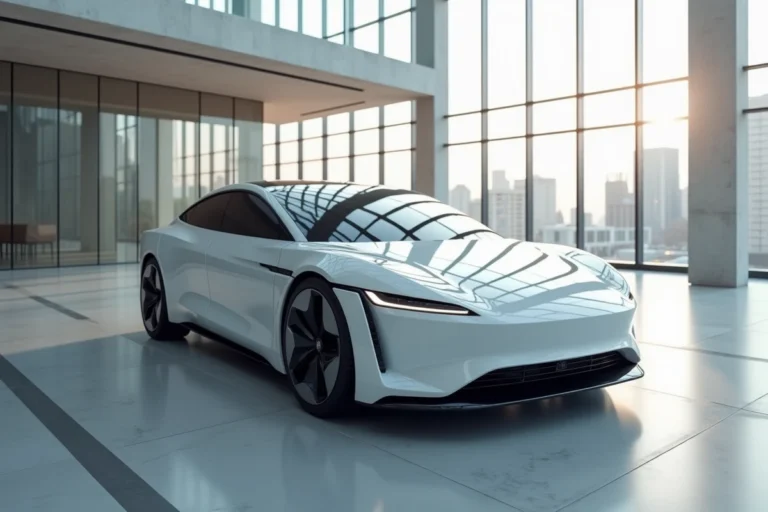 Berline électrique moderne exposée dans un showroom automobile contemporain avec des reflets sur la carrosserie blanche