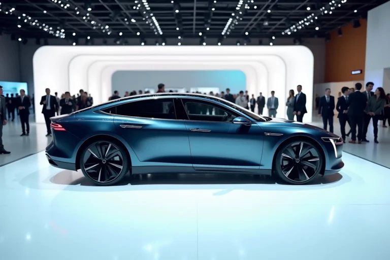 Berline électrique moderne exposée dans un salon automobile intérieur en 2024, carrosserie bleu métallisé brillant et design aérodynamique
