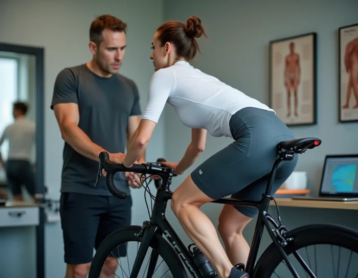 Séance de bike fitting professionnelle pour déterminer la taille idéale d'un Van Rysel RCR