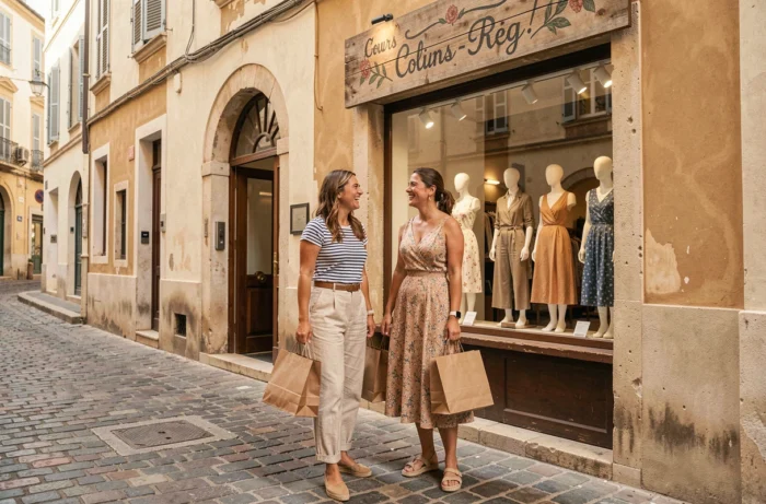 Duas mulheres sorridentes diante de uma loja de moda feminina no bairro Cours Julien em Marselha, segurando sacolas de compras
