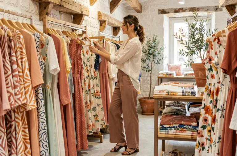 Femme élégante en train de faire du shopping dans une boutique de prêt-à-porter féminin à Marseille, entourée de robes colorées aux motifs méditerranéens