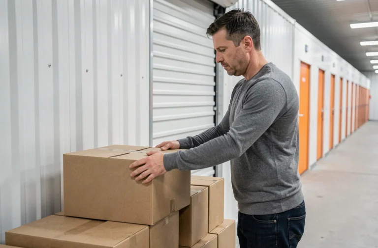 Homme rangeant des cartons dans un box de stockage moderne à Pessac près de Bordeaux
