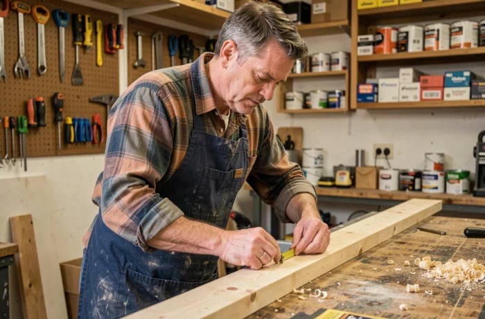 Un homme bricoleur qui mesure une planche en bois dans un atelier de garage bien équipé