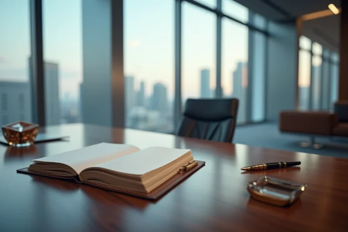 Bureau exécutif moderne avec vue sur la ville, agenda en cuir et stylo de luxe, évoquant la richesse et le succès financier d'un producteur de musique influent
