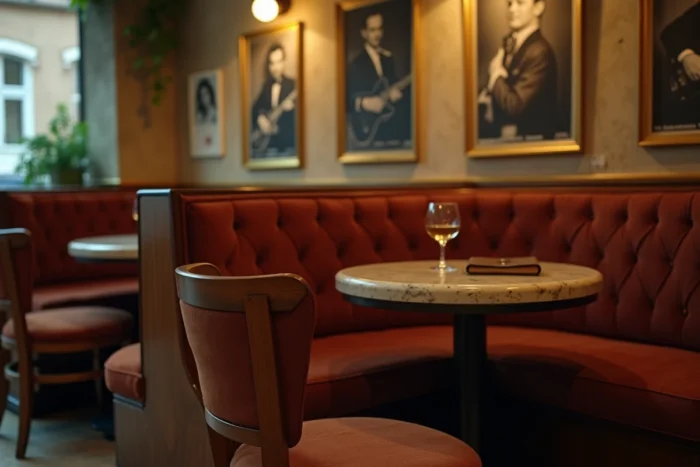 Intérieur de café parisien vintage des années 1970 évoquant la mémoire de Joe Dassin, chaise vide et carnet posé sur une table en marbre