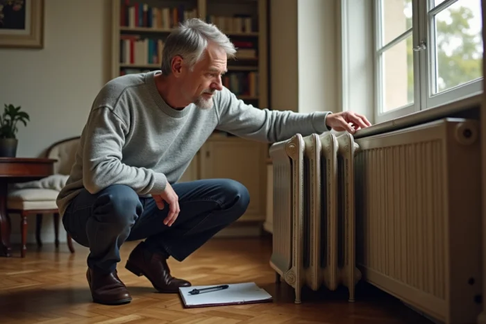 Homme calculant la puissance d'un radiateur en fonte dans un salon traditionnel français