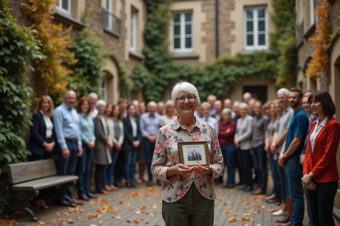 Cérémonie d'adieu en plein air pour une enseignante partant à la retraite entourée de collègues