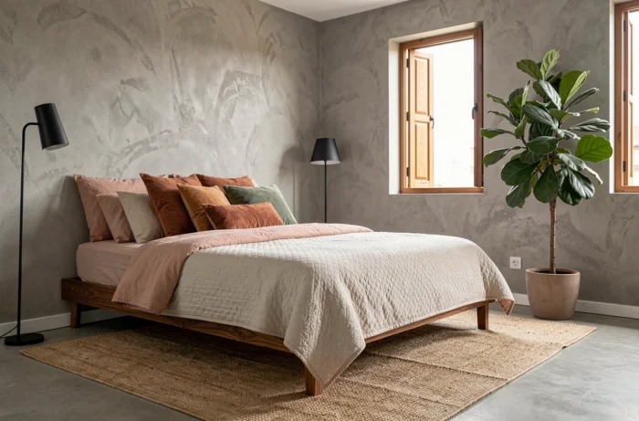 Chambre cocooning avec linge de lit en lin stonewashed, coussins en velours et plante verte tendance déco intérieure