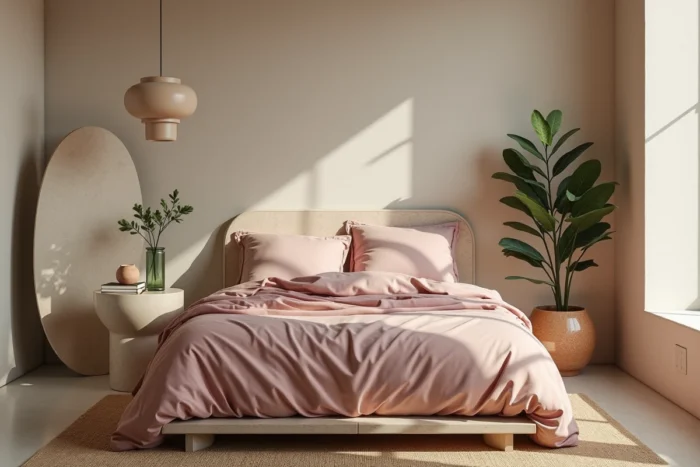 Chambre cosy et tendance avec literie en coton bio, miroir arrondi et décoration naturelle en travertin