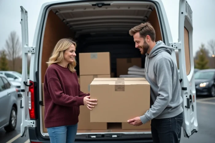 Couple chargeant des cartons de meubles dans une camionnette de location dans un parking de grande surface