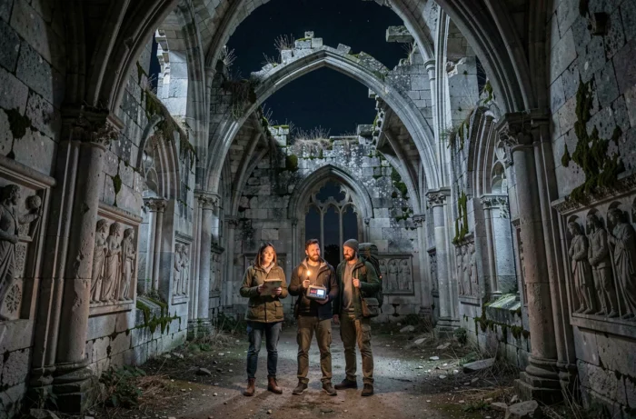 Trois chasseurs de fantômes explorant les ruines d'une chapelle médiévale française de nuit avec un détecteur EMF, investigation paranormale en France