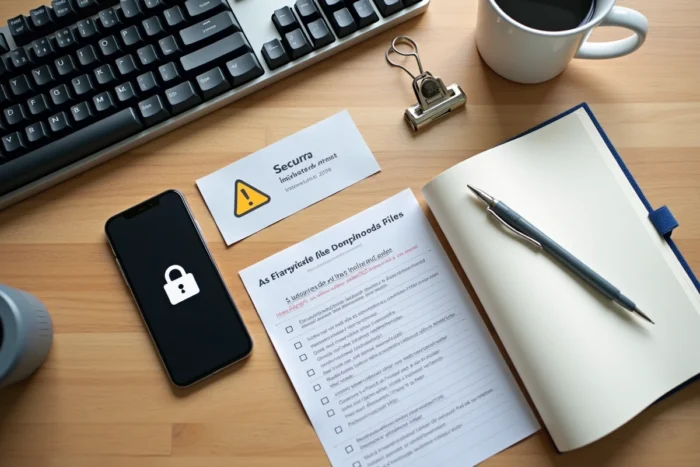 Vue aérienne d'un bureau avec checklist de téléchargement sécurisé, smartphone avec alerte virus et clé USB