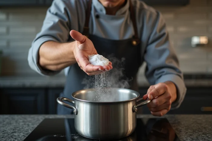 Chef versant du sel dans une casserole d'eau bouillante sur une gazinière dans une cuisine professionnelle à domicile