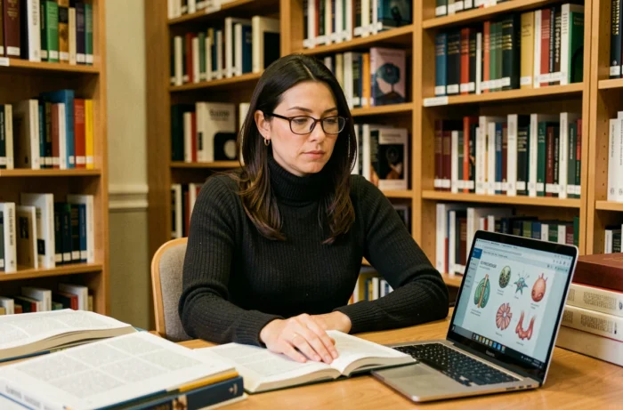 Femme chercheuse consultant des ouvrages scientifiques dans une bibliothèque universitaire