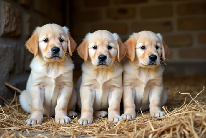 Trois chiots Golden Retriever assis sur une botte de foin dans une grange en pierre typique de Bourgogne-Franche-Comté, portée d'élevage sélectif