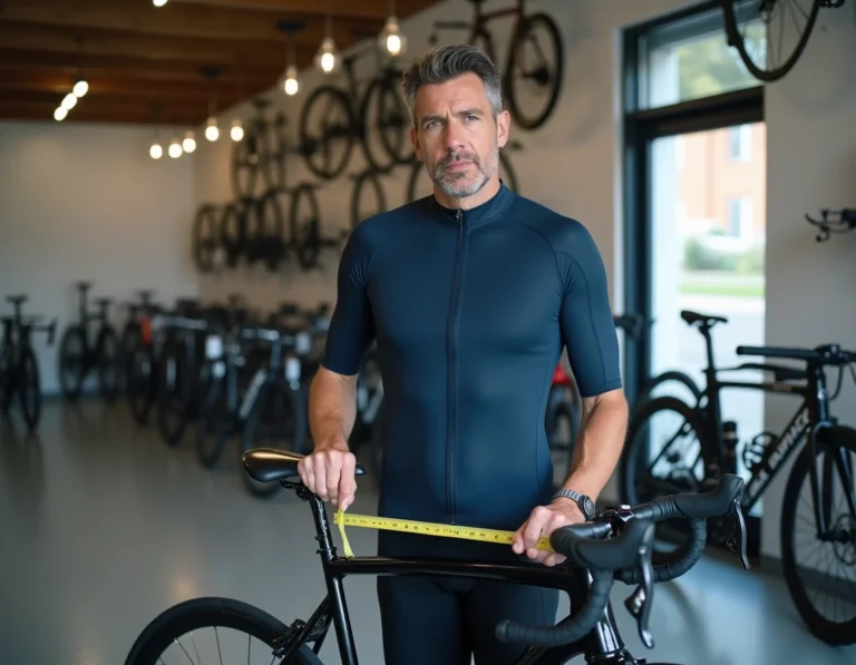Cycliste mesurant la taille du cadre d'un Van Rysel RCR dans un magasin de vélos spécialisé