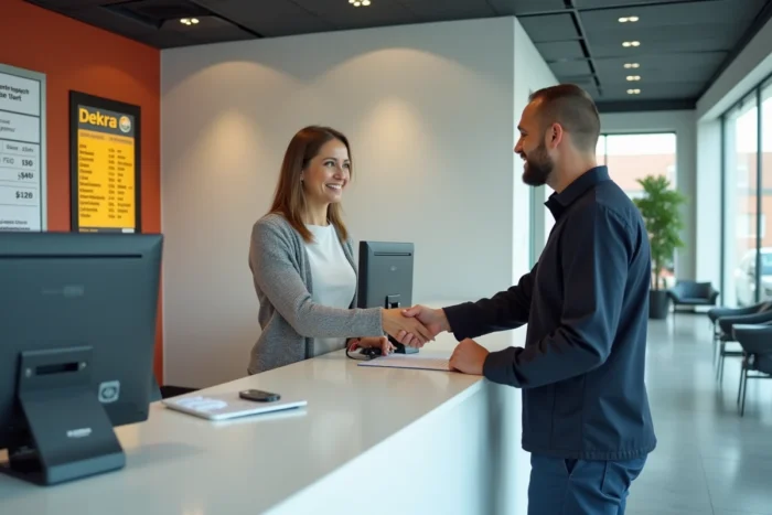 Cliente remettant ses documents à un agent Dekra à l'accueil d'un centre de contrôle technique