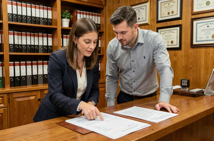 Deux clients examinant un formulaire pré état daté vierge dans l'étude d'un notaire