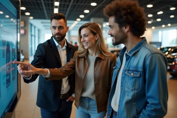Groupe de clients découvrant les nouvelles technologies d'un écran multimédia dans une concession automobile moderne