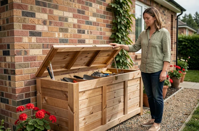 Femme debout près d'un coffre-banc en bois ouvert contre un mur en brique, révélant des outils de jardinage rangés à l'intérieur