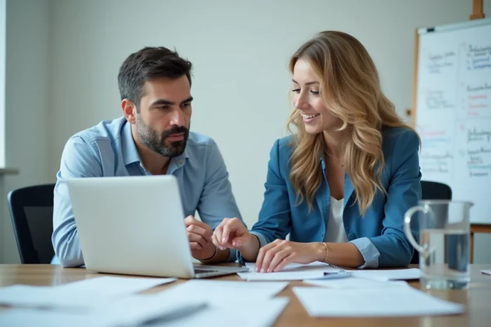 Deux collègues collaborant pour résoudre un problème de connexion à un extranet professionnel en salle de réunion