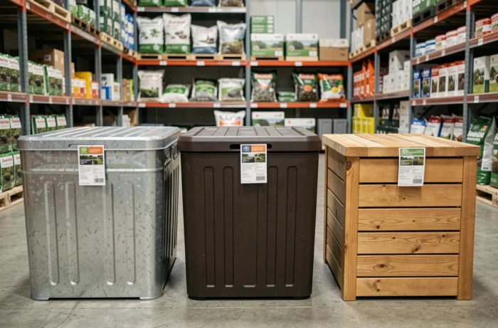 Comparaison de trois modèles de coffres de jardin en acier galvanisé, polypropylène et teck exposés en magasin de bricolage