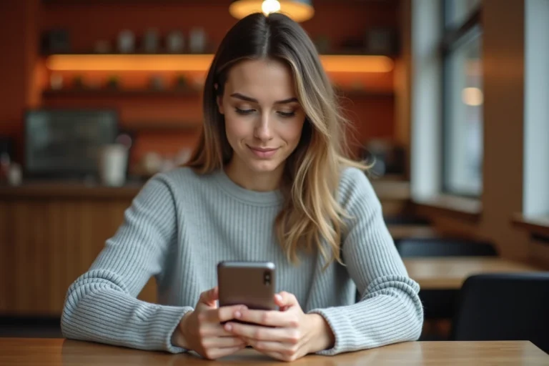 Femme connectée à Arena Versailles sur smartphone dans un café