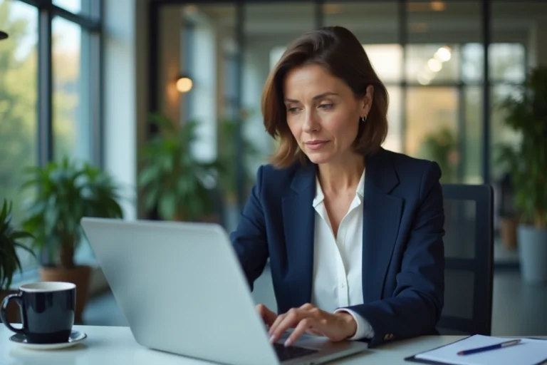 Professionnelle connectée à un extranet sécurisé sur ordinateur portable dans un bureau moderne