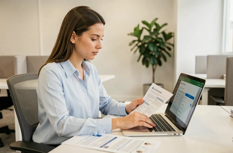Nouvelle salariée ADMR qui se connecte à Philia sur un ordinateur portable en suivant un guide imprimé dans un bureau professionnel