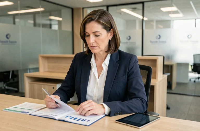 Conseillère financière BPCE Financement examinant des documents de prêt dans un bureau moderne