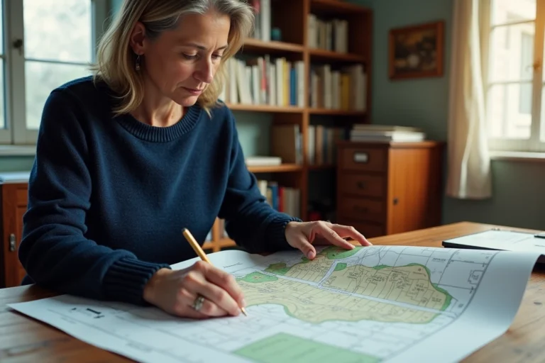 Femme consultant un plan cadastral imprimé sur un bureau en bois dans un bureau à domicile organisé