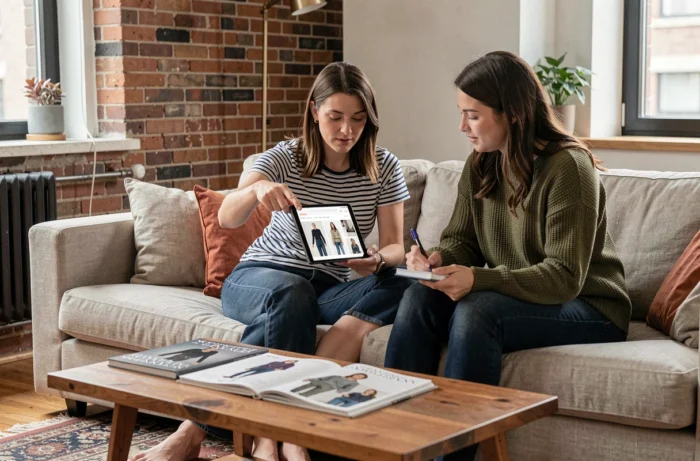 Deux femmes consultant des articles et tendances mode sur une tablette ensemble dans un appartement moderne