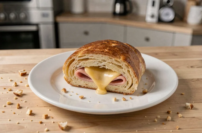 Cordon bleu cuit au micro-ondes tranché sur une assiette blanche révélant le fromage fondu et le jambon