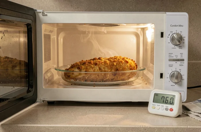 Cordon bleu chaud dans un plat en verre au micro-ondes avec minuteur de cuisine posé à côté