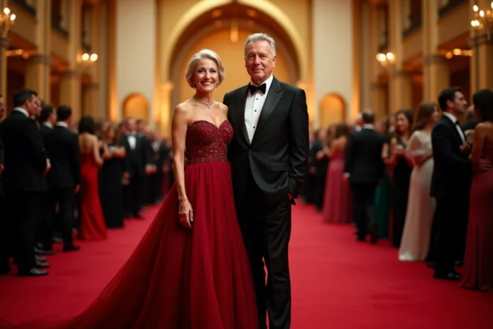 Couple élégant sur un tapis rouge lors d'un gala de l'industrie musicale, illustrant le succès et le prestige du producteur Tony Scotti aux côtés de Sylvie Vartan