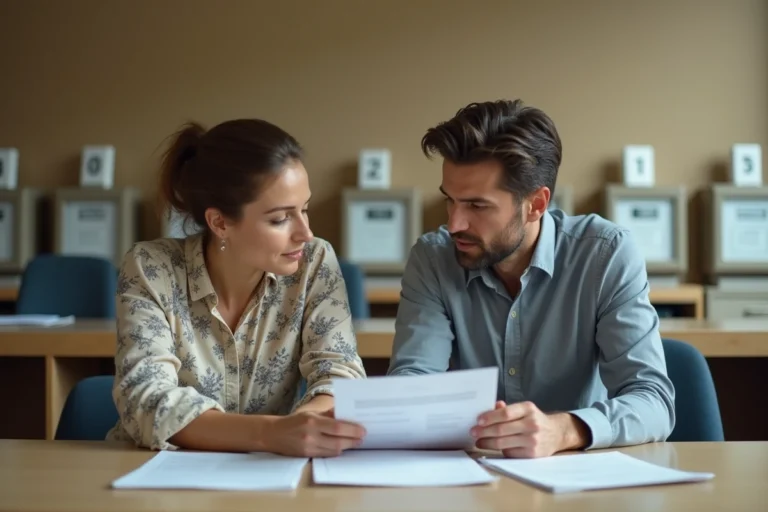 Couple mixte consultant des documents administratifs dans une préfecture française pour une demande de mariage avec OQTF