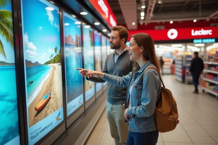 Couple regardant les promotions de voyages affichées dans un espace agence de voyage Leclerc en hypermarché