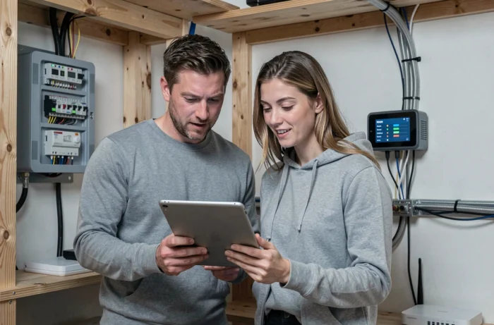 Couple consultant un tableau de bord de gestion énergétique domotique dans une pièce technique connectée