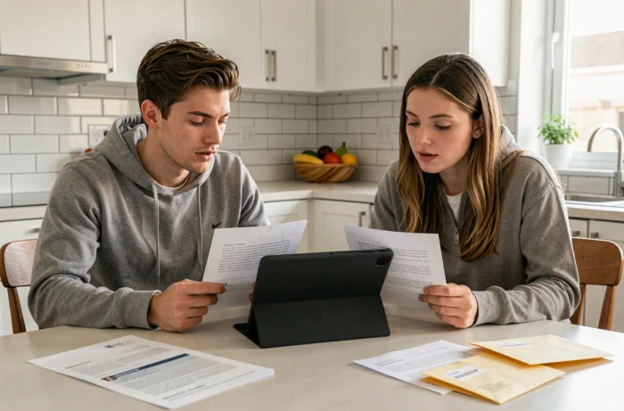 Couple vérifiant ensemble la fiabilité des avis Zelok sur tablette avant de constituer un dossier de location immobilière