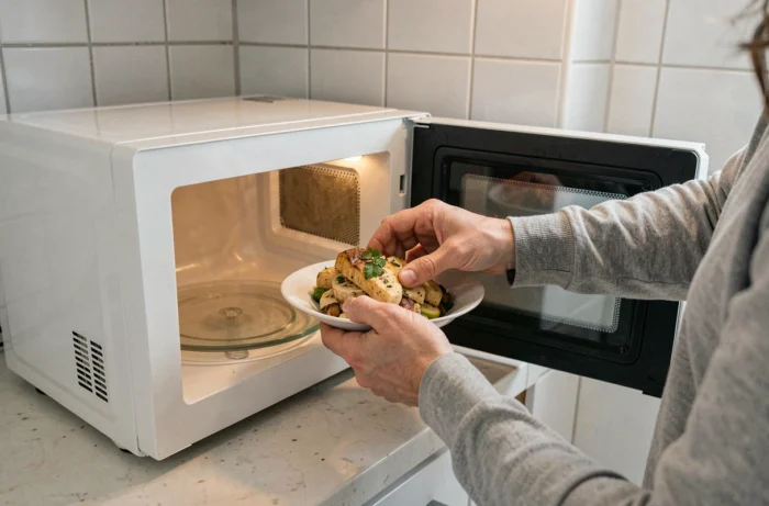 Mains plaçant un cordon bleu dans un micro-ondes ouvert dans une cuisine d'appartement