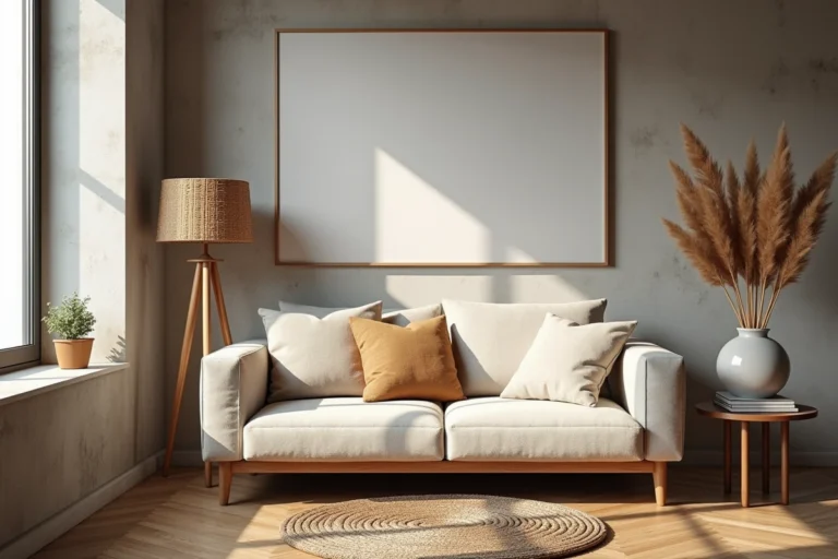 Salon moderne avec décoration scandinave, canapé en lin et accessoires naturels tendance