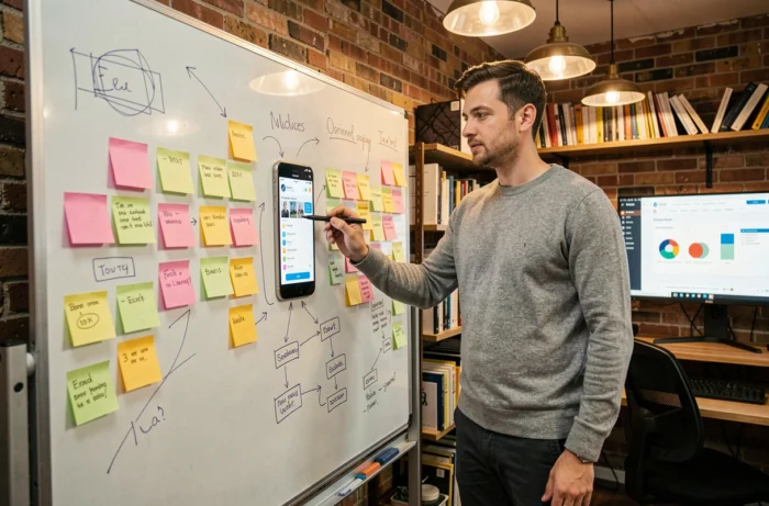 Designer web masculin présentant un prototype d'application mobile sur un tableau blanc dans un studio créatif