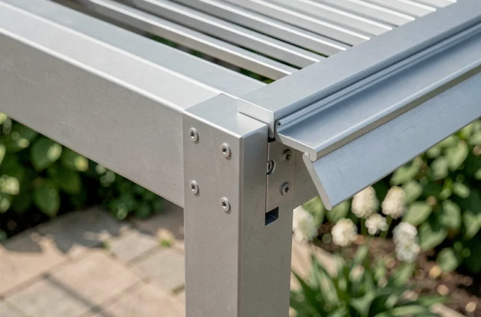 Détail architectural d'un assemblage d'angle et de lames orientables d'une pergola aluminium haut de gamme sur terrasse pavée