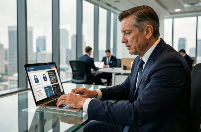 Dirigeant d'entreprise consultant un coffre-fort numérique sécurisé sur son ordinateur portable dans un bureau moderne